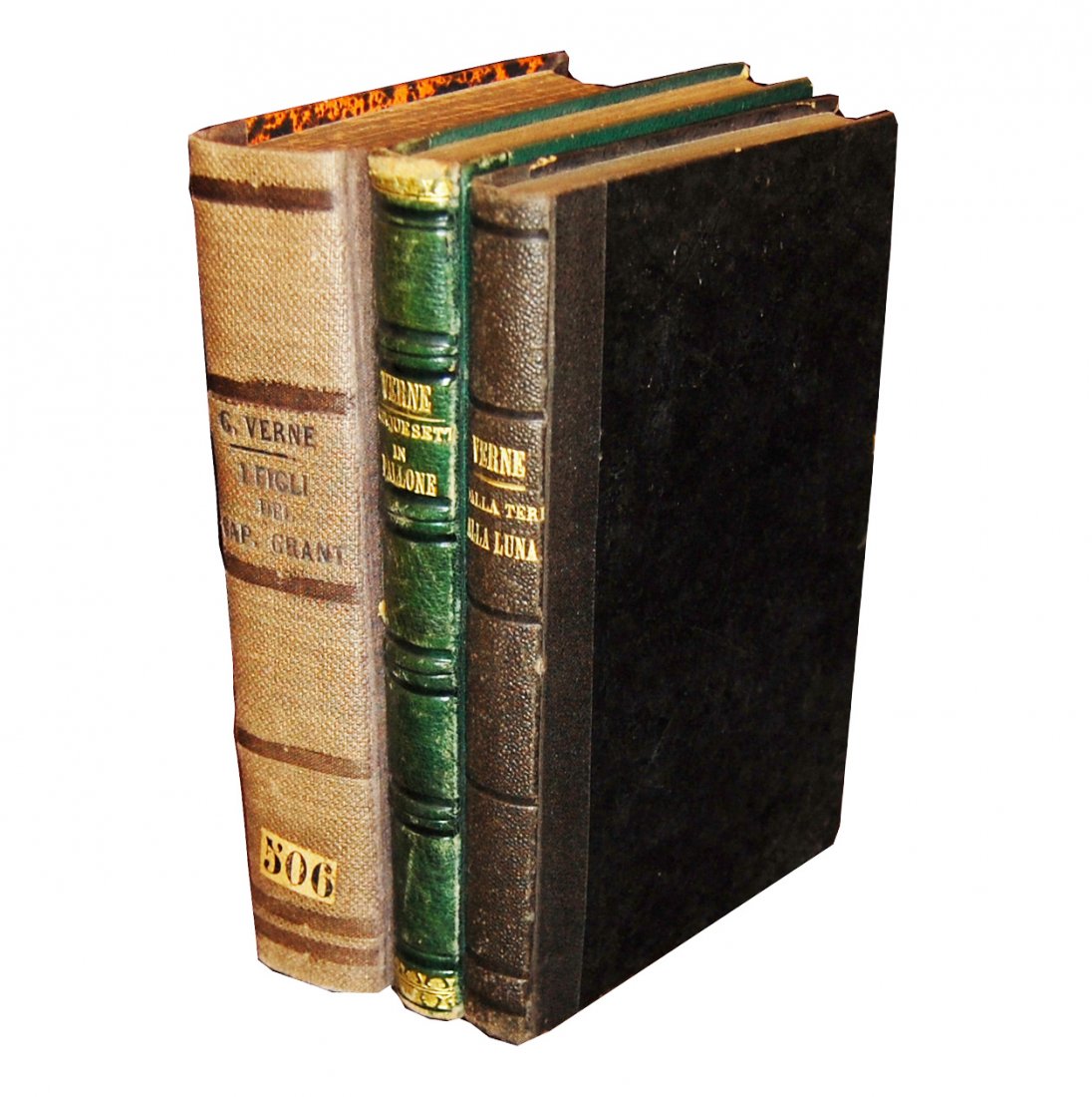 [Novels] Verne, 1872-73, 3 wks: A COLLECTION OF THREE NOVELS BY JULES VERNE [1.]: Verne, Jules. Dalla Terra alla Luna: tragitto in 97 ore e 20 minuti. Milano: Treves, 1872. 8vo (180x120 mm), half chagreen binding, paper at boards, b