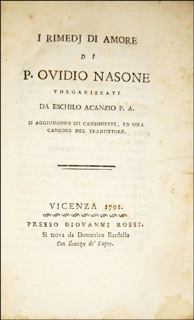 [Classics, Poetry] Ovidius, I rimedj di amore, 1791 (1 of 6)