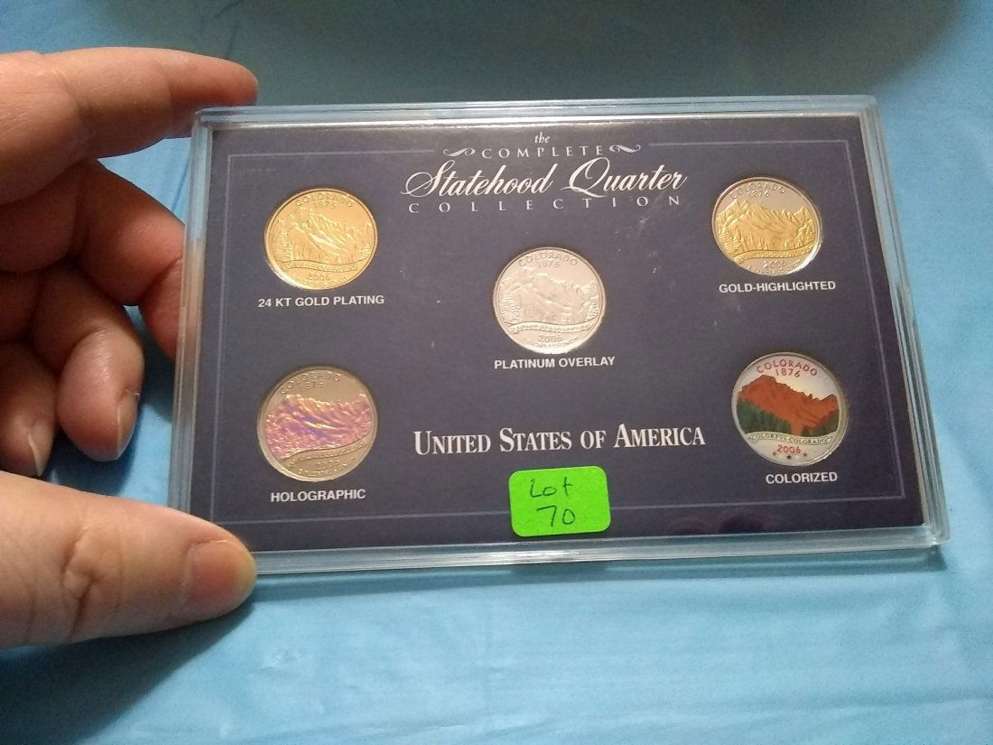 2006 Colorado Statehood Quarter Collection: Set of Five coins. Set includes a 24k Gold Plated Quarter, Platinum Overlay Quarter, Gold Highlighted Quarter, Holographic Quarter, and a Colorized Quarter.