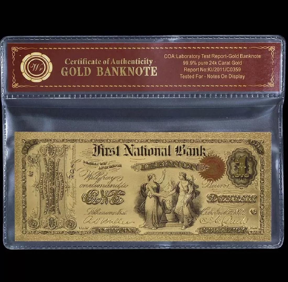 1875 – Labe Tested 24k Gold $1 U.S. Banknote: First National Bank of Lebanon of INDIANA w/COA