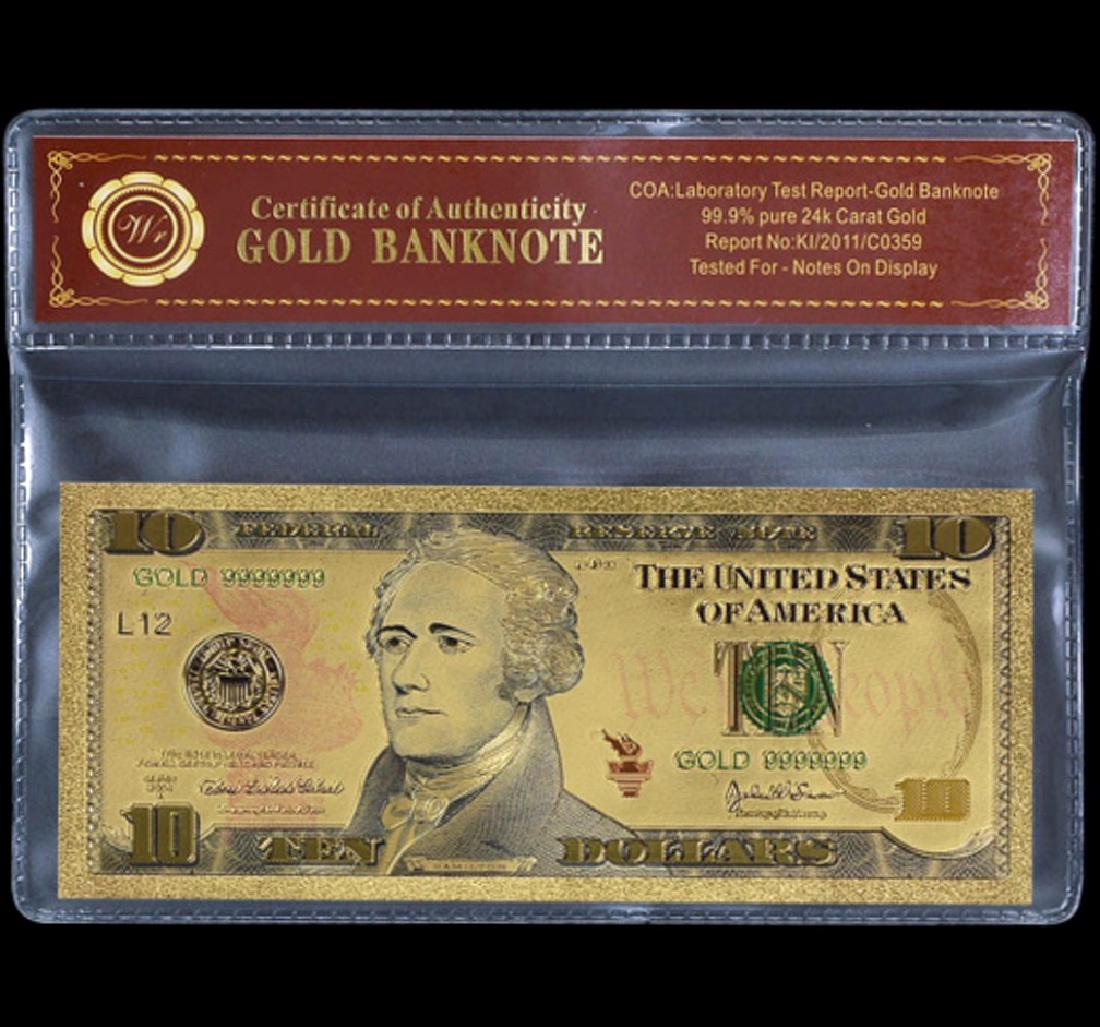 Lab Tested 24k Gold $10 Gold U.S. Banknote: Tested for Notes on Display w/COA