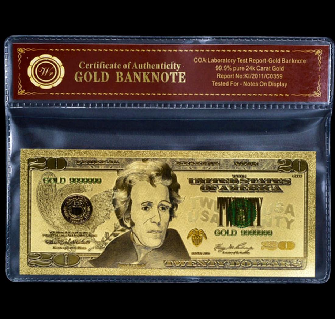 Lab Tested 24k Gold $20 Gold U.S. Banknote: Tested for Notes on Display w/COA