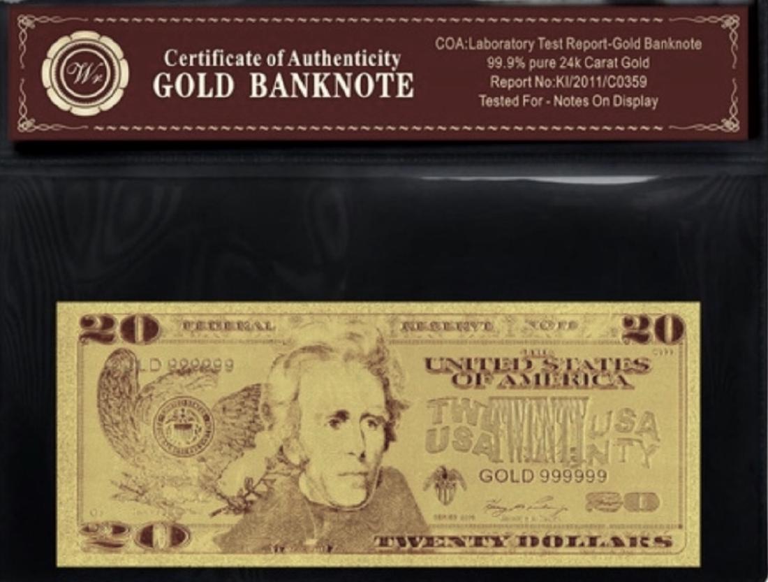 Lab Tested 24k Gold $20 Gold EAGLE U.S. Banknote: Tested for Notes on Display w/COA