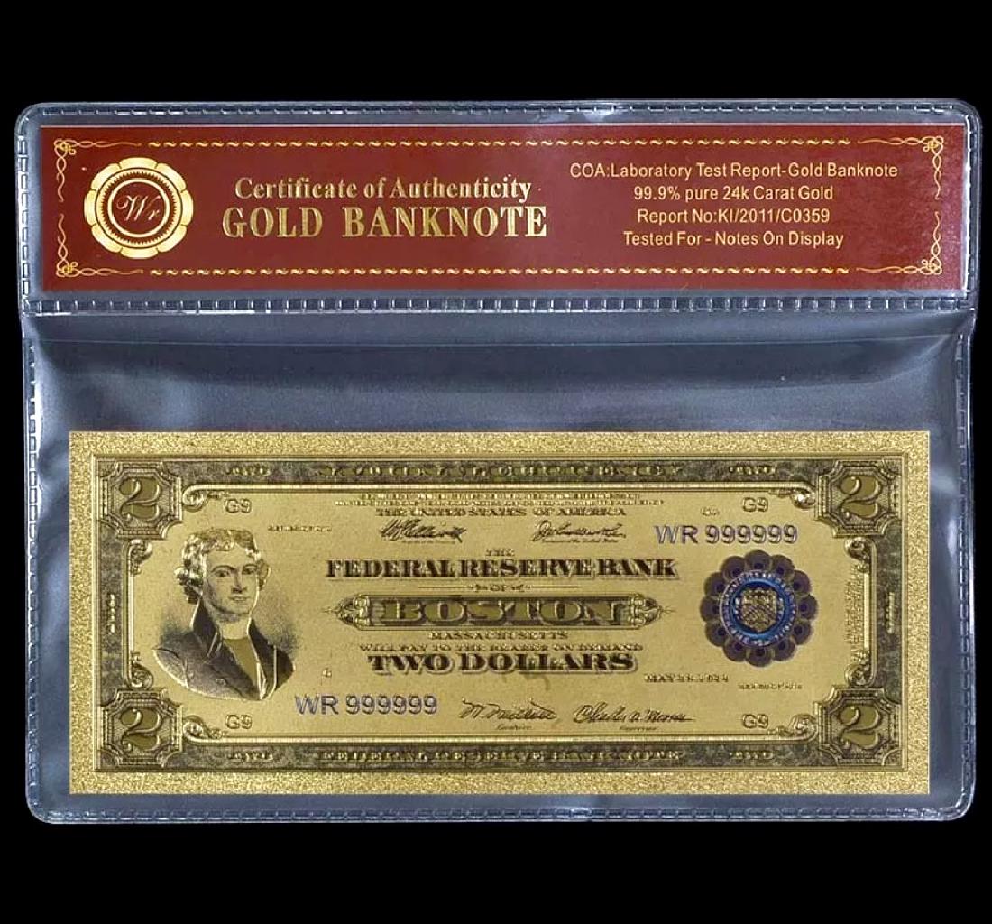 1918 Lab Tested 24k Gold $2 U.S. Banknote: Federal Reserve Bank of Boston w/COA 24k Gold Plate Tested for Bank Notes on Display
