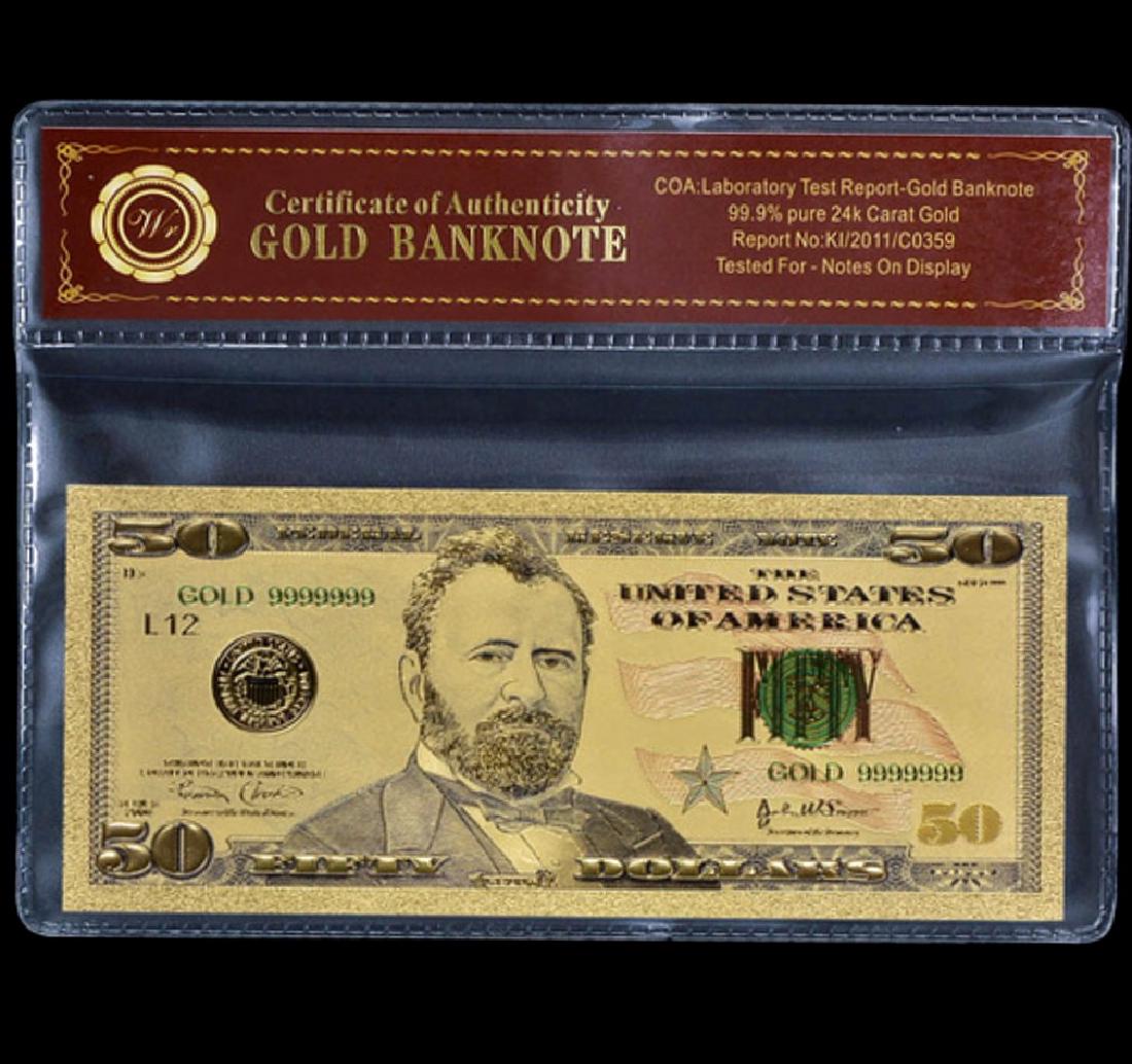 Lab Tested 24k Gold $50 Gold U.S. Banknote: Tested for Notes on Display w/COA