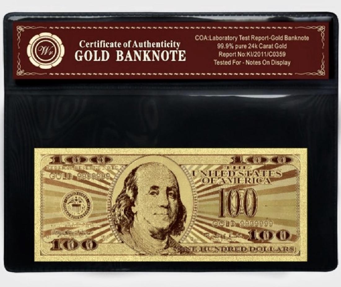 Lab Tested 24k Gold $100 Gold U.S. Banknote: 24k Gold Plate Tested for Bank Notes on Display