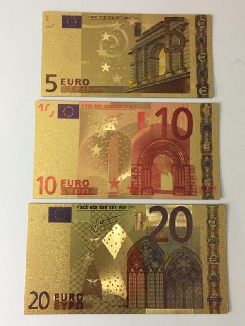 Lot of 3 - 24k Gold Leaf Currency EURO Banknotes: Denominations 5, 10 & 20