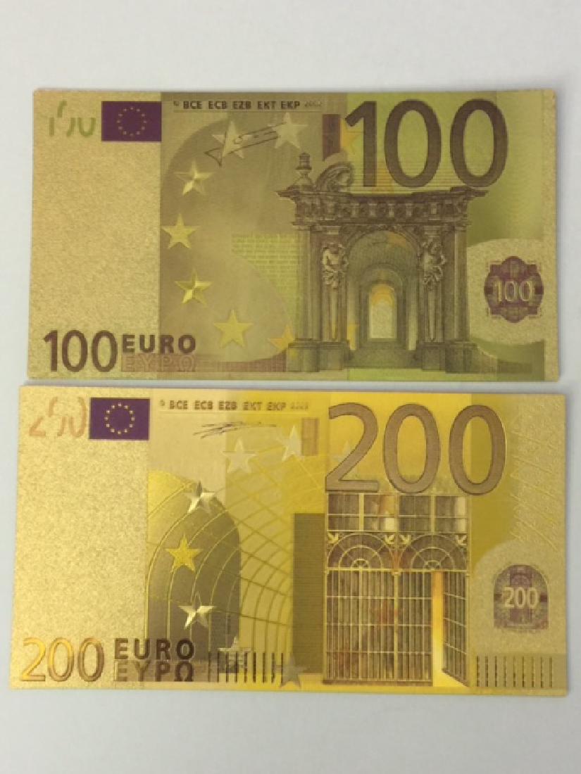Lot of 2 - 24k Gold Leaf Currency EURO Banknotes: Denominations 100 & 200