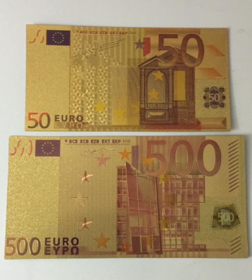 Lot of 2 - 24k Gold Leaf Currency EURO Banknotes: Denominations 50 & 500