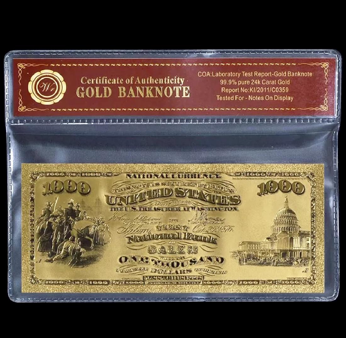 1875 Lab Tested 24k Gold $1000 U.S. Banknote: First National Bank of Salem MASS w/COA