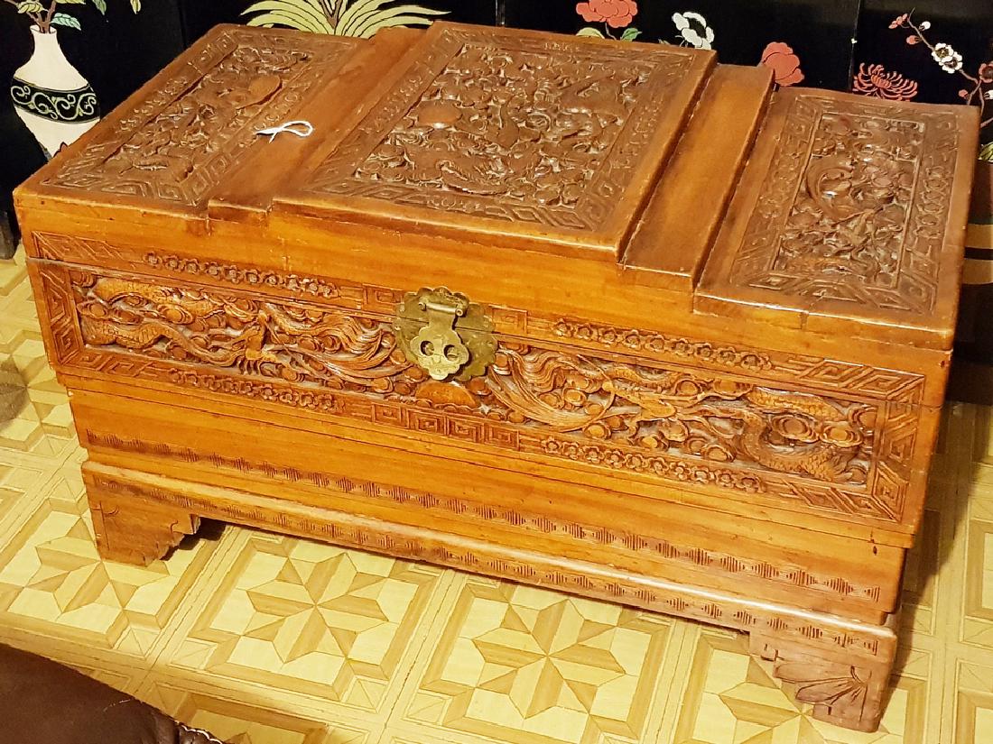 Asian Hand carved cedar wood chest