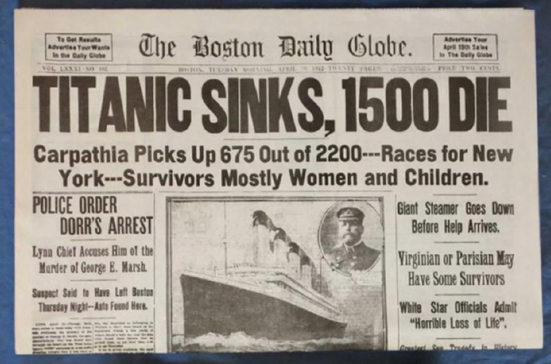 1912 Sinking Of The Titanic Boston Newspaper