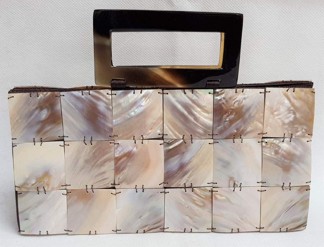 VINTAGE MOTHER OF PEARL AND TURTLE PURSE: VINTAGE MOTHER OF PEARL AND TURTLE SHELL PURSE 5" X 9.5"