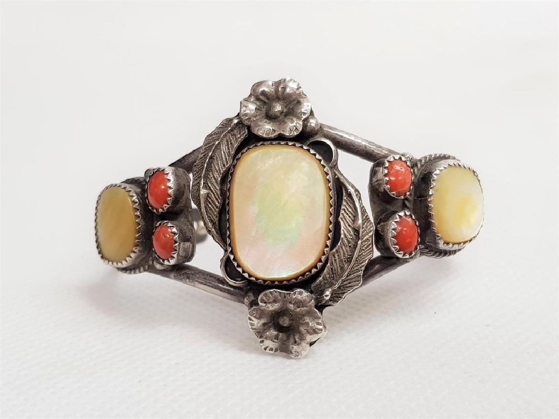 SIGNED NATIVE AMERICAN STERLING SILVER CORAL CUFF (1 of 4)