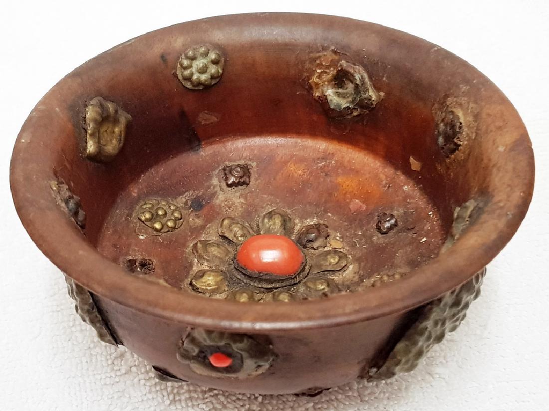 Antique Tibetan Ceremonial Bowl: Antique Tibetan Ceremonial Bowl with coral inlay2.5"in H x 5"in diameter some stones are missing with signs of wear due to aging