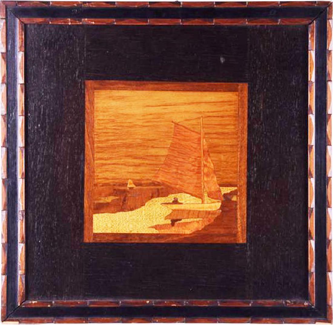 Albert J. ROWLEY (1899-1931) vintage marquetry (wood: Albert J. ROWLEY vintage marquetry (wood panel) with artist and gallery stamp in the back. Title: 'Sunlit Sail'. Perfect condition. 11 1/2 x 11 1/2"