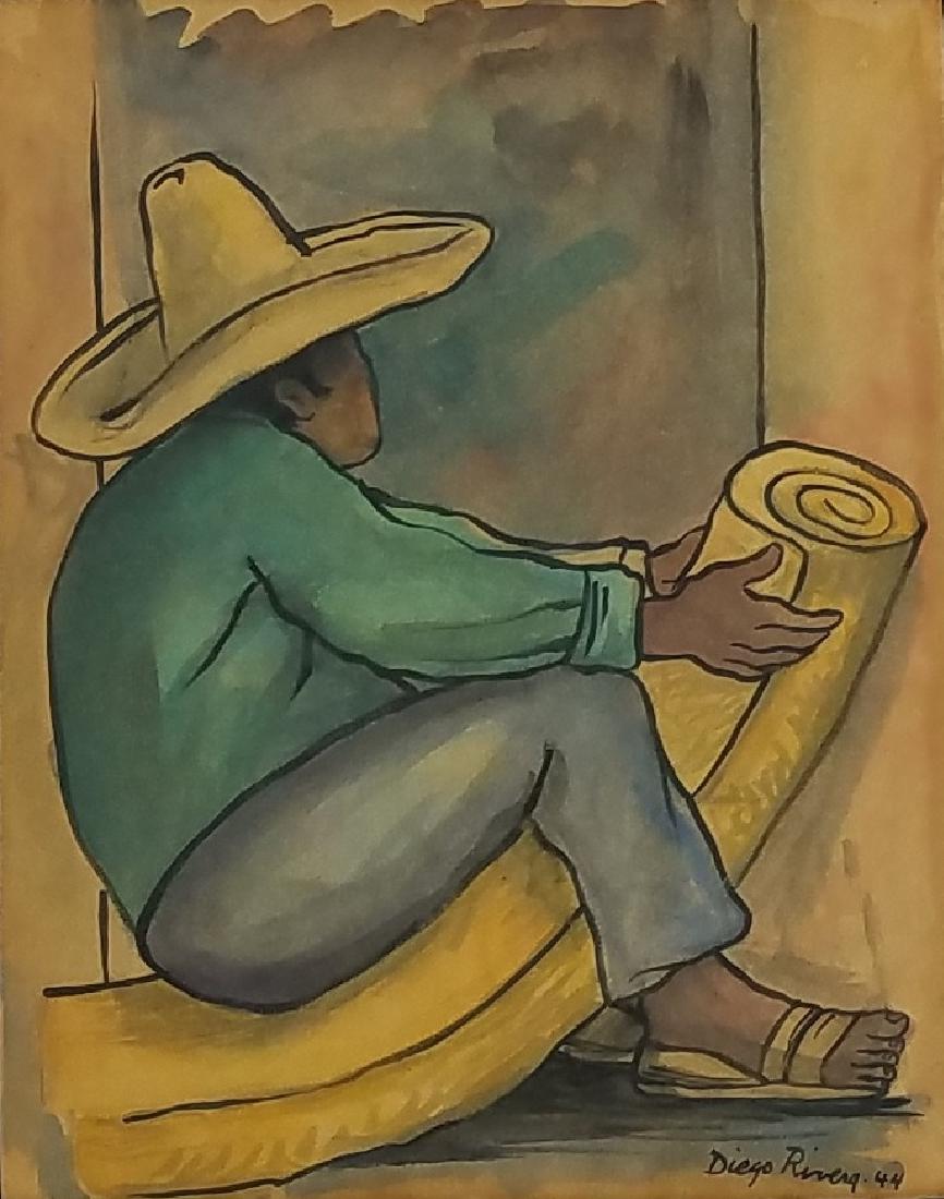 WATERCOLOR ON PAPER SIGNED DIEGO RIVERA 44: 10.75" X 8.50" EXCELLENT CONDITION