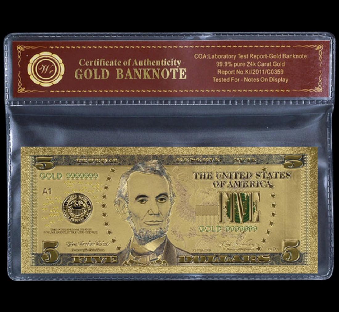 Lab Tested 24k Gold $5 Banknote Certificate: 24k Gold Plate Tested for Bank Notes on Display