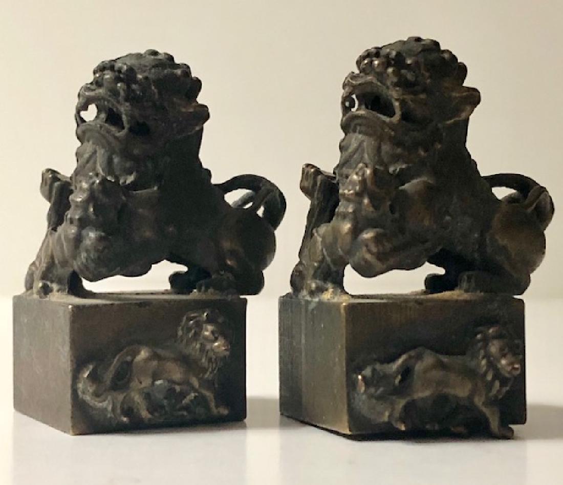 Pair of Antique Ornate Solid Bronze Mini FOO DOGS: Pair of Antique Ornate Solid Bronze Mini FOO DOGS