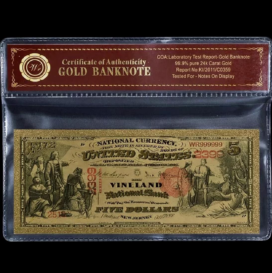 1875 Vineland Lab Tested 24k Gold $5 U.S. Banknote: Vineland National Bank of New Jersey - Lab Tested for Bank Notes on Display
