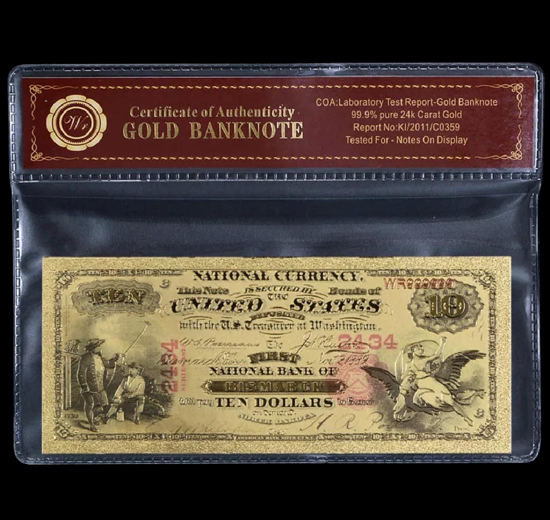 1875 Lab Tested 24k Gold $10 U.S. Banknote: First National Bank of Bismarck North Dakota - Tested for Notes on Display w/COA