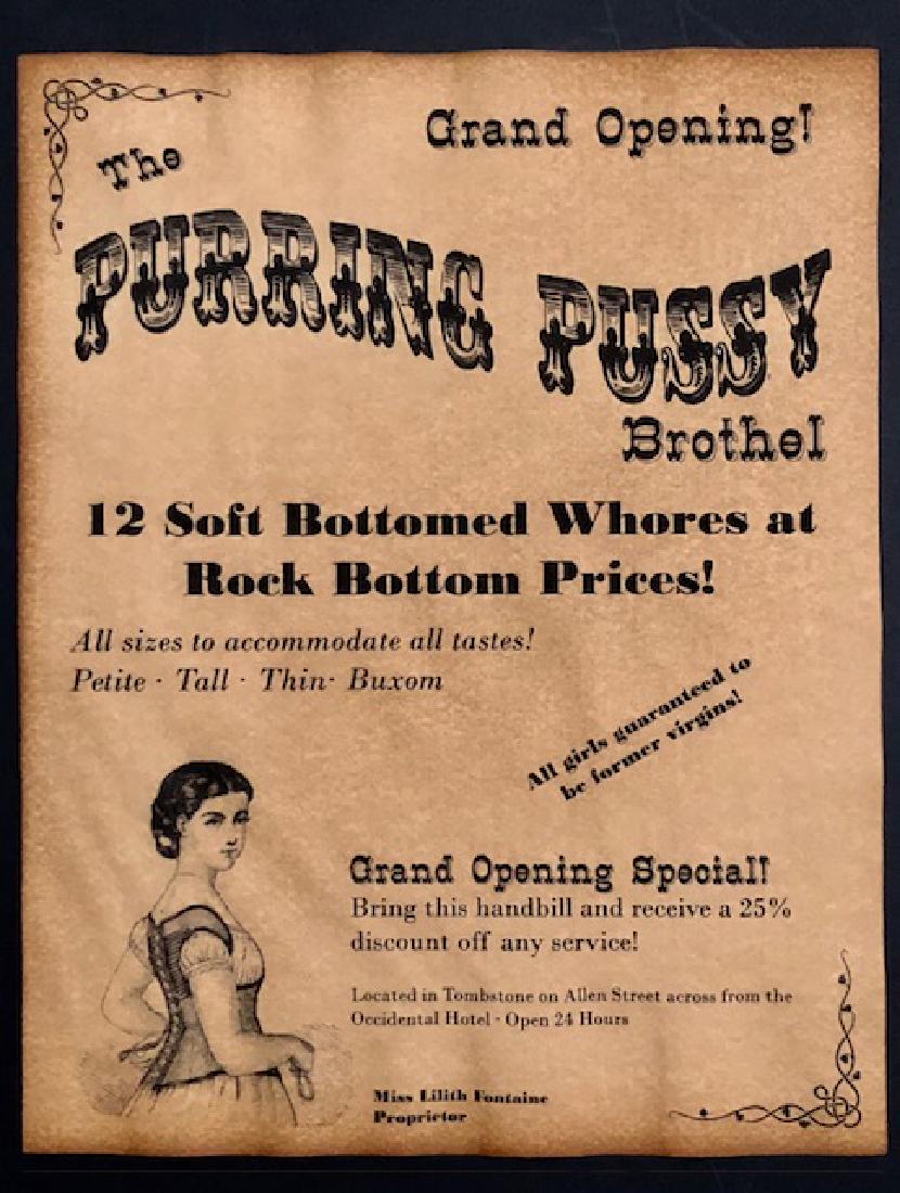 Old West Arizona Whorehouse Brothel Poster: “The Purring Pussy” - Historic & Cool - Vintage Print Parchment like Paper – Print Date Unknown