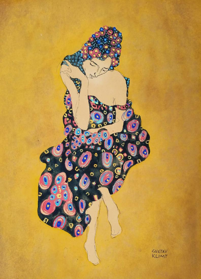 WATERCOLOR AND INK ON PAPER SIGNED GUSTAV KLIMT: 12" X 9" EXCELLENT CONDITION