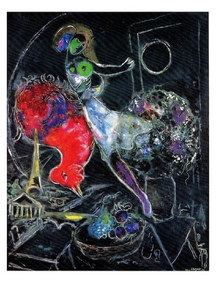 MARC CHAGALL “Night, La Nuit” Art Print Lithograph: Lithograph Attached to a Page by Tipping Method – 9” x 12” including Border