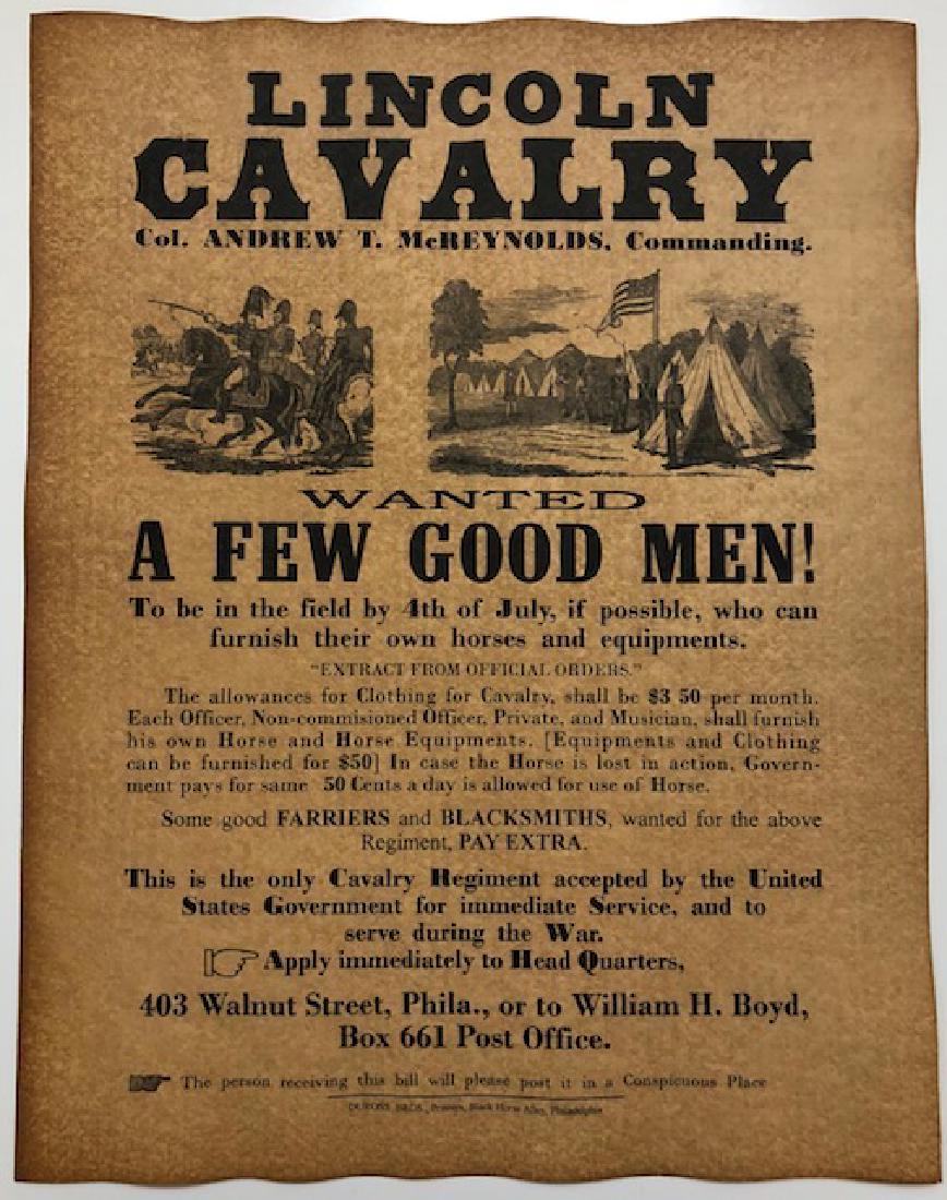 Civil War LINCOLN CAVALRY Men for Hire Wanted Poster: Abraham Lincoln Cavalry Notice – Print Date Unknown