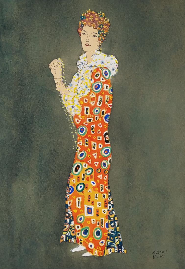 SIGNED GUSTAV KLIMT GOUACHE AND INK ON PAPER: 12.50" X 9.25" FRAMED AND IN EXCELLENT CONDITION