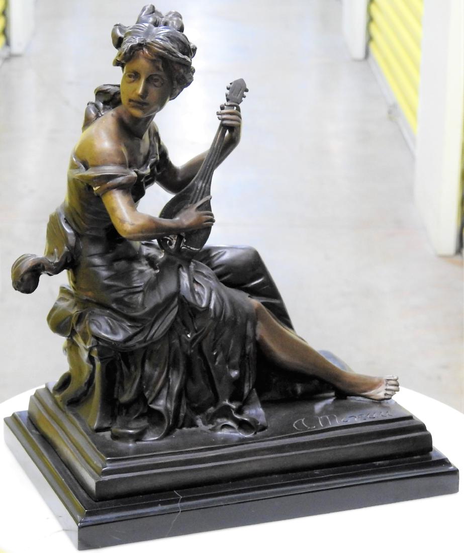 Auguste MOREAU (1834-1917): BRONE SCULPTURE OF YOUNG WOMAN PLAYING MANDOLIN 13" X 11" X 7.50"