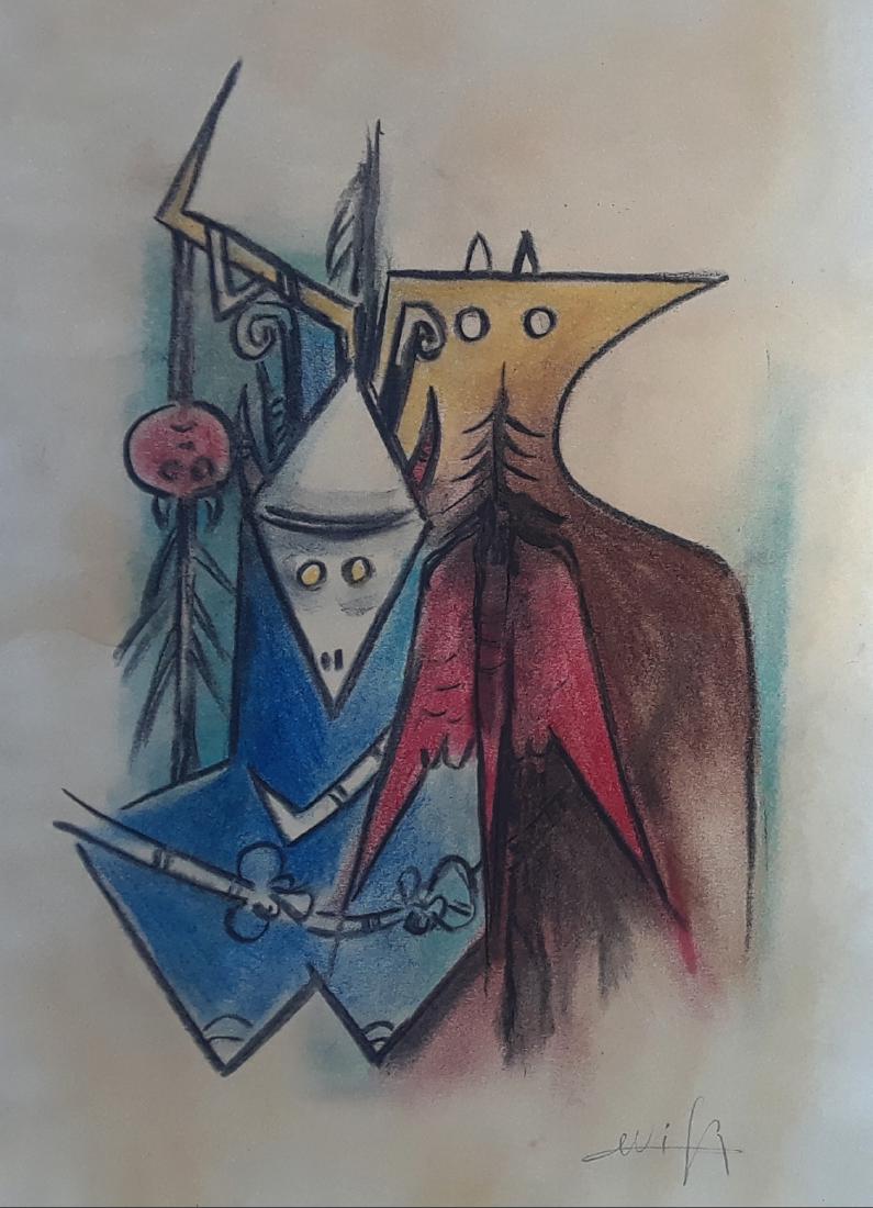 WIFREDO LAM MIXED MEDIA ON PAPER: 16.25" X 12" FRAMED AND IN EXCELLENT CONDITION