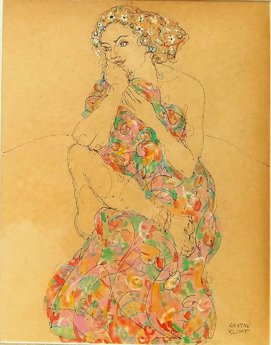 MIXED MEDIA ON PAPER SIGNED GUSTAV KLIMT: 12" X 9.50" FRAMED AND IN EXCELLENT CONDITION