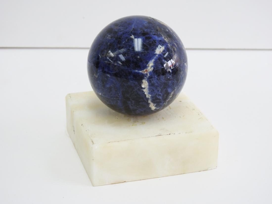 ALABASTER AND LAPIS LAZULI PAPERWEIGHT: BASE IS 3.50" X 3.50" AND BALL IS 2.75"