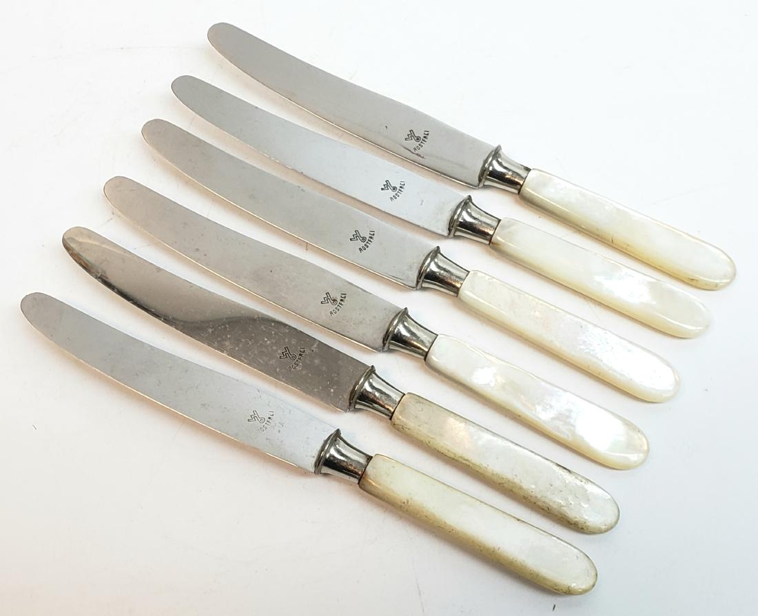 ROSTFREI VINTAGE SILVER MOTHER OF PEARL KNIFE SET: SET OF 6 EACH MEASURING 6" L