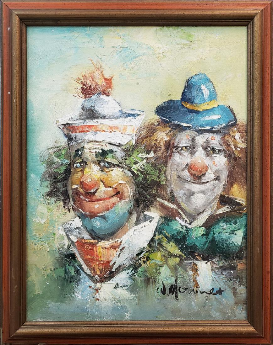William MONINET (1937-1999) oil on canvas: "clowns" 16.50" x 12.50" excellent condition