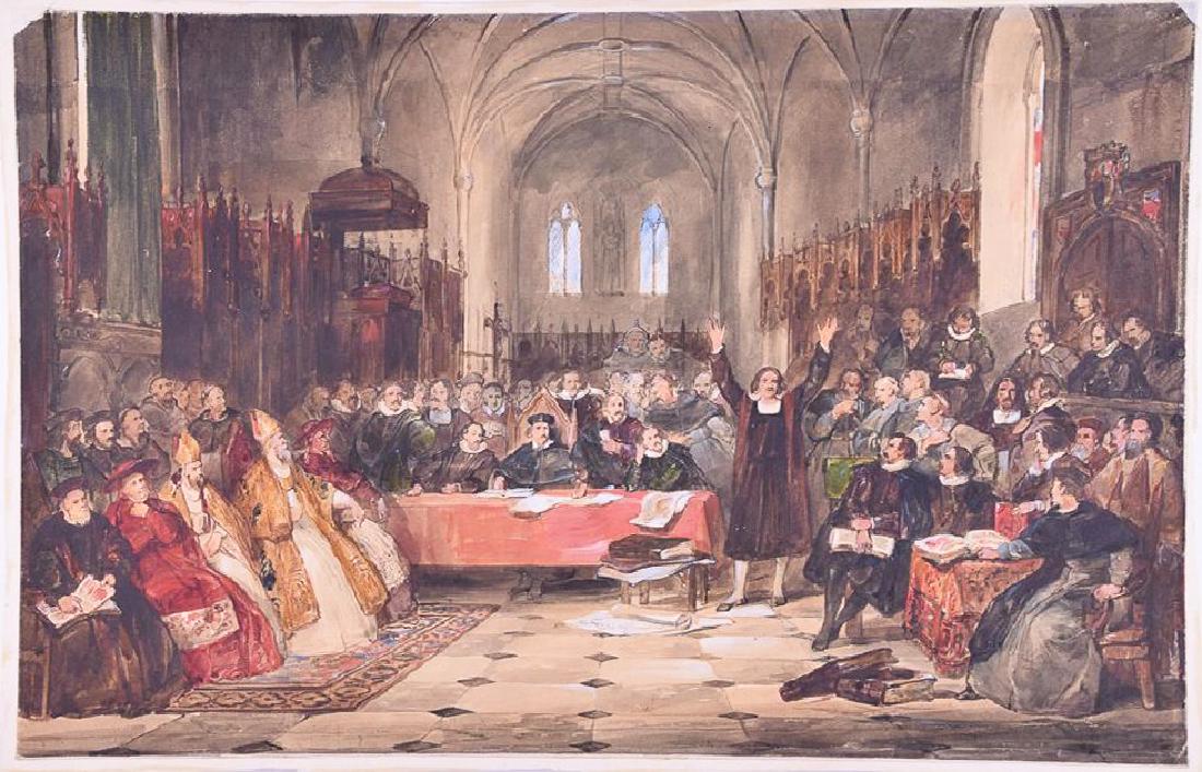 James Stephanoff (1788 - 1874) Columbus 1486 counsil: Detailed watercolor of Columbus before the Council of Salamanca (see back for details). 20.75" x 13.25". Excellent