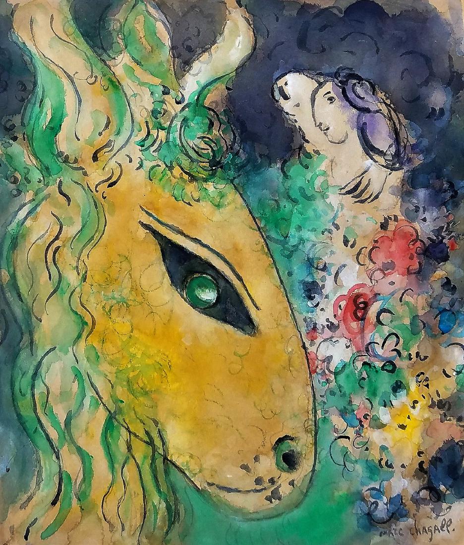 Marc CHAGALL (SIGNED) (1887-1985): WATERCOLOR ON PAPER 12.75" X 10.50" FRAMED AND IN EXCELLENT CONDITION