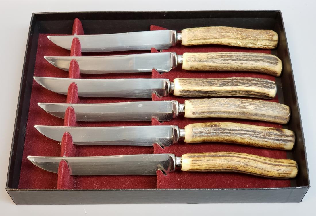 Kirk & Matz Stag Horn Handle Steak Knives: Kirk & Matz Stag Horn Handle Steak Knives 6 Pieces Sheffield England
