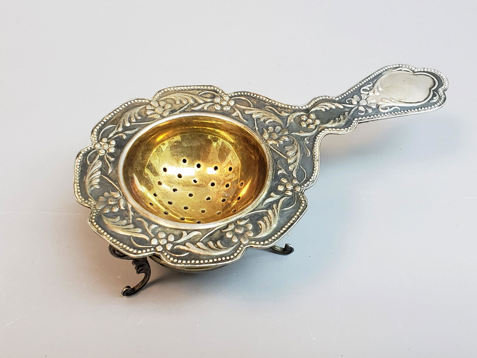 ANTIQUE STERLING SILVER TEA STRAINER WITH DRIP PAN Nov 30, 2019