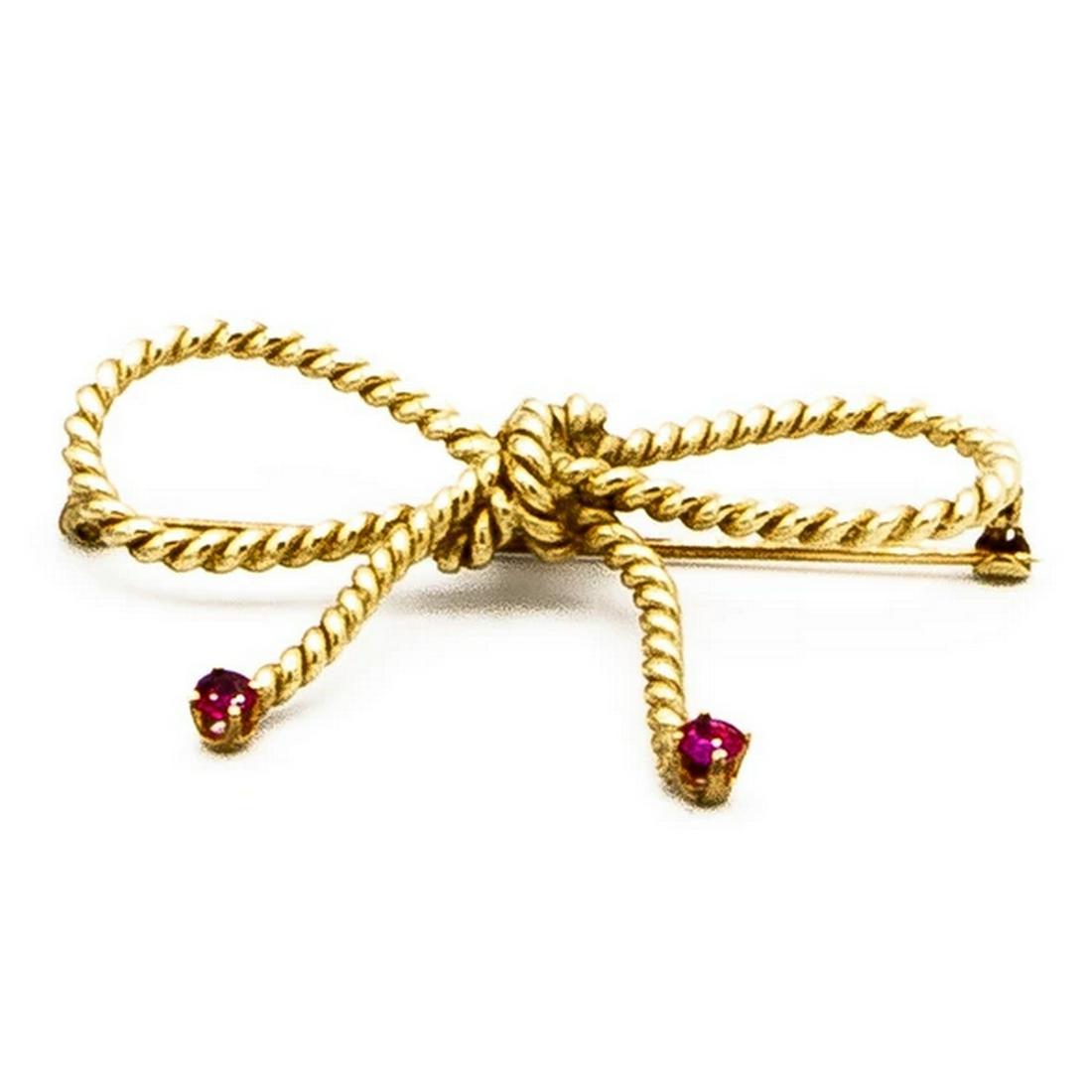 Fine Rubies 0.1 Carats 14K Yellow Gold Bow Brooch (1 of 1)