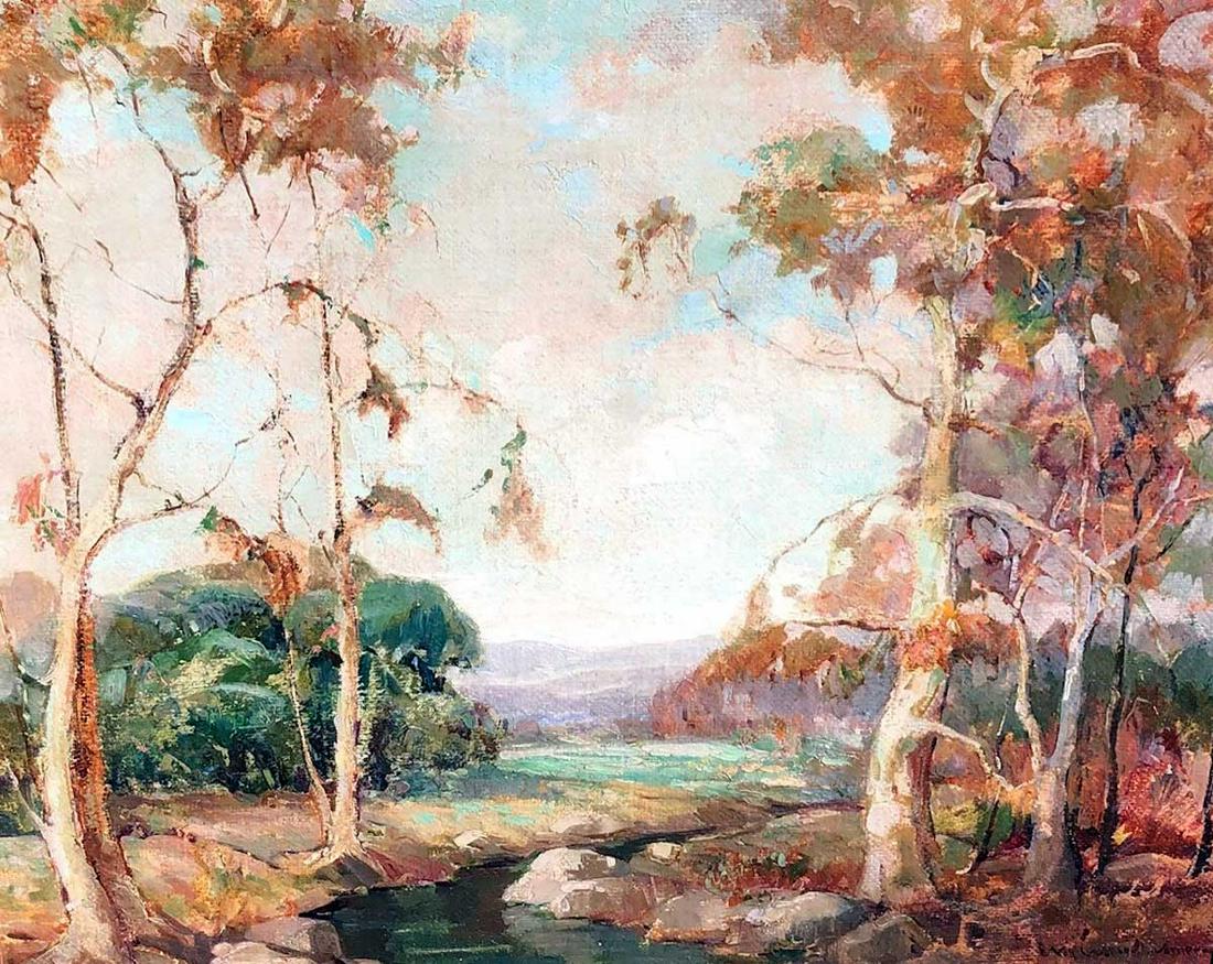 NELL WALKER WARNER. 1891-1970 AMERICAN: Size: 30.5 x 35. Medium: oil on canvas Signed: lower right. Scene: titled “Lazy Stream”