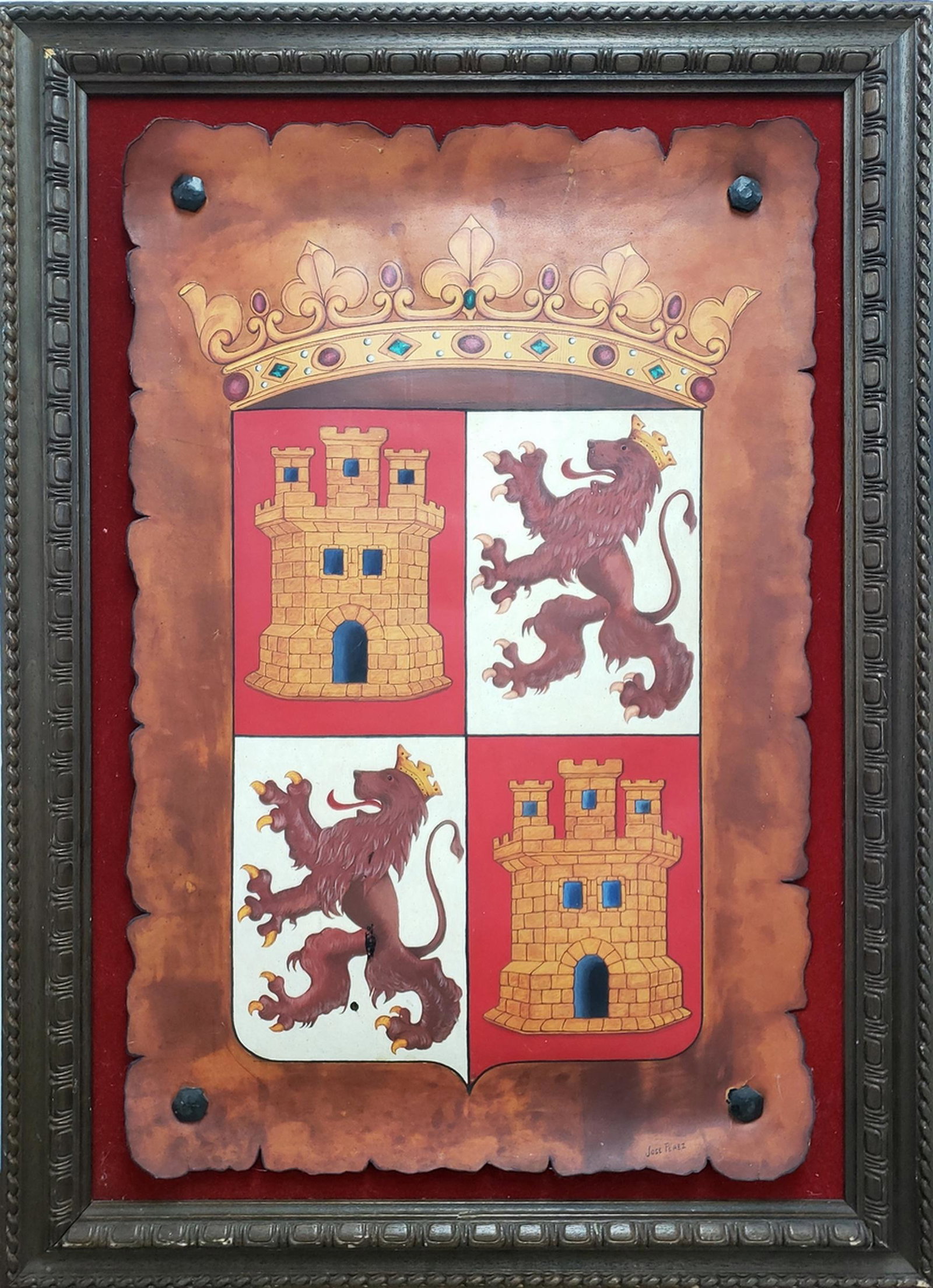 Jose Perez oil on cowhide leather: 26.50" x 17.50" excellent condition