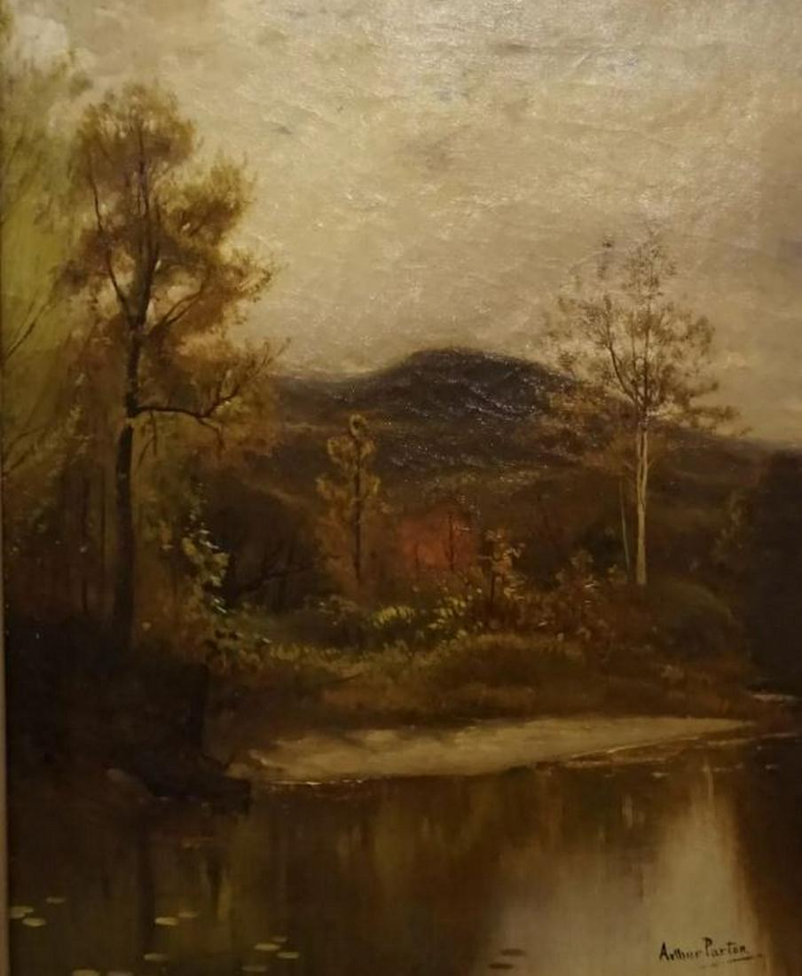 HUDSON RIVER LANDSCAPE BY ARTHUR PARTON: The painting is an oil on canvas painting signed on the right side. The painting is in very good condition, and measures 14 x 22 in an old frame.