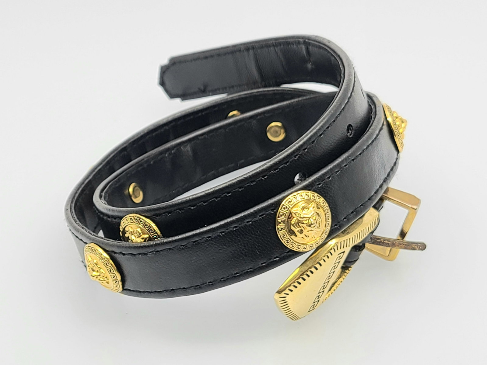 Versace Stlyle Black Leather with Gold Accent Belt: 34" Inches