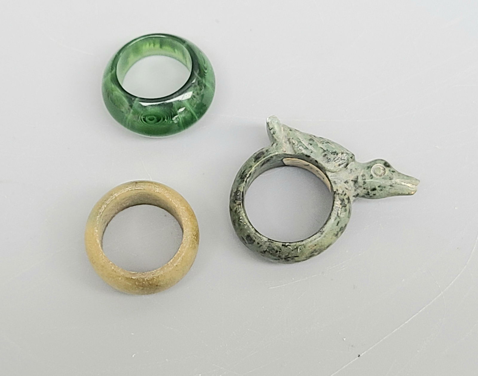 Set of 3 Antique Jade Carved ring: Dark Green - Size 5, Ring with design - Size 7, Band is size 6