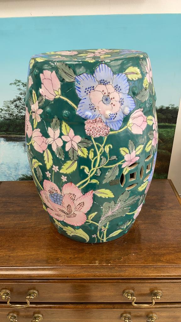 Large Antique Chinese Hand Painted Porcelain Seat: - with crack 16” x 11”