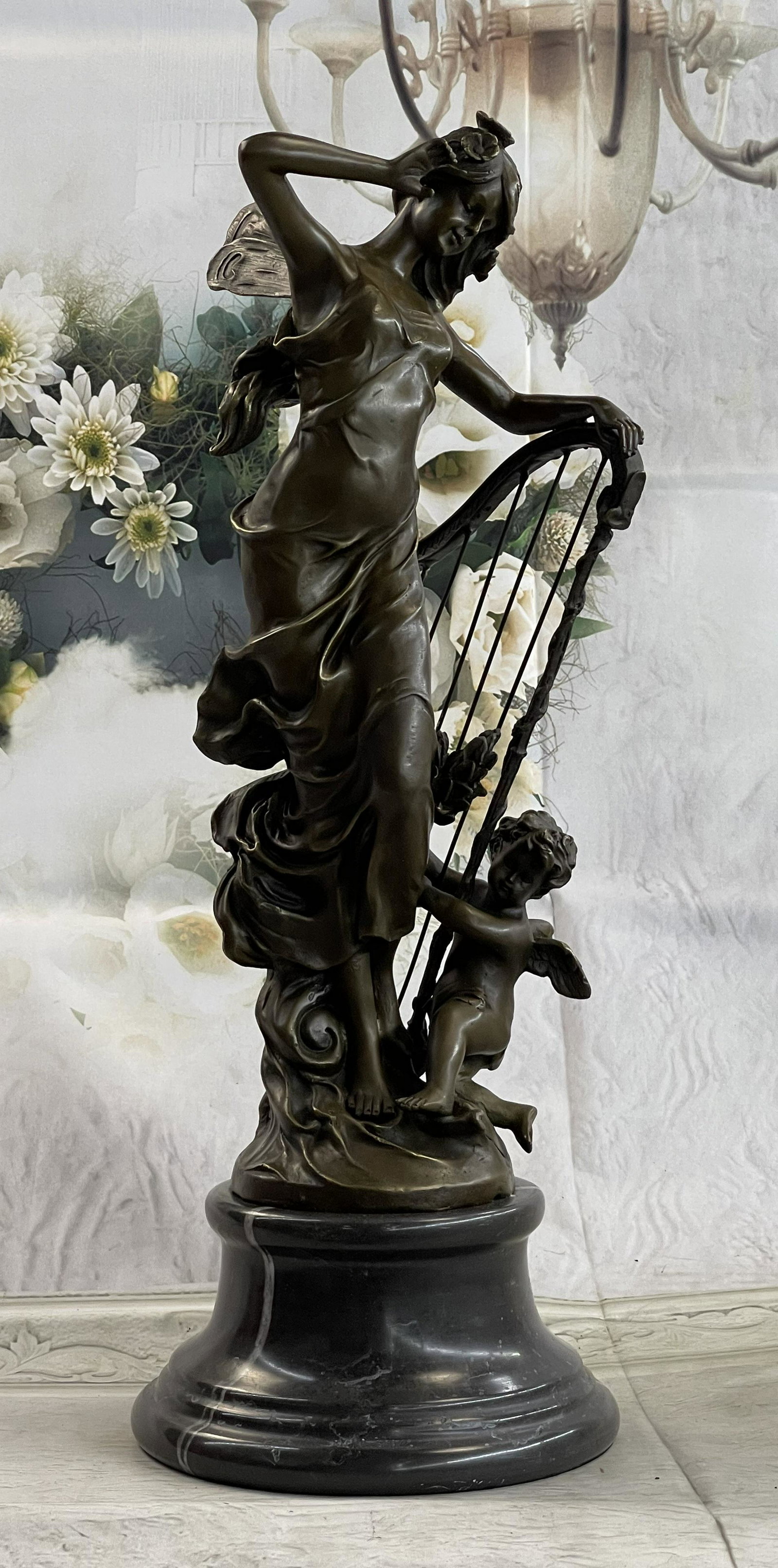 Fantasy Winged Fairy with Mythical Puti Baby Angel Sculpture Signed Moreau (1 of 5)
