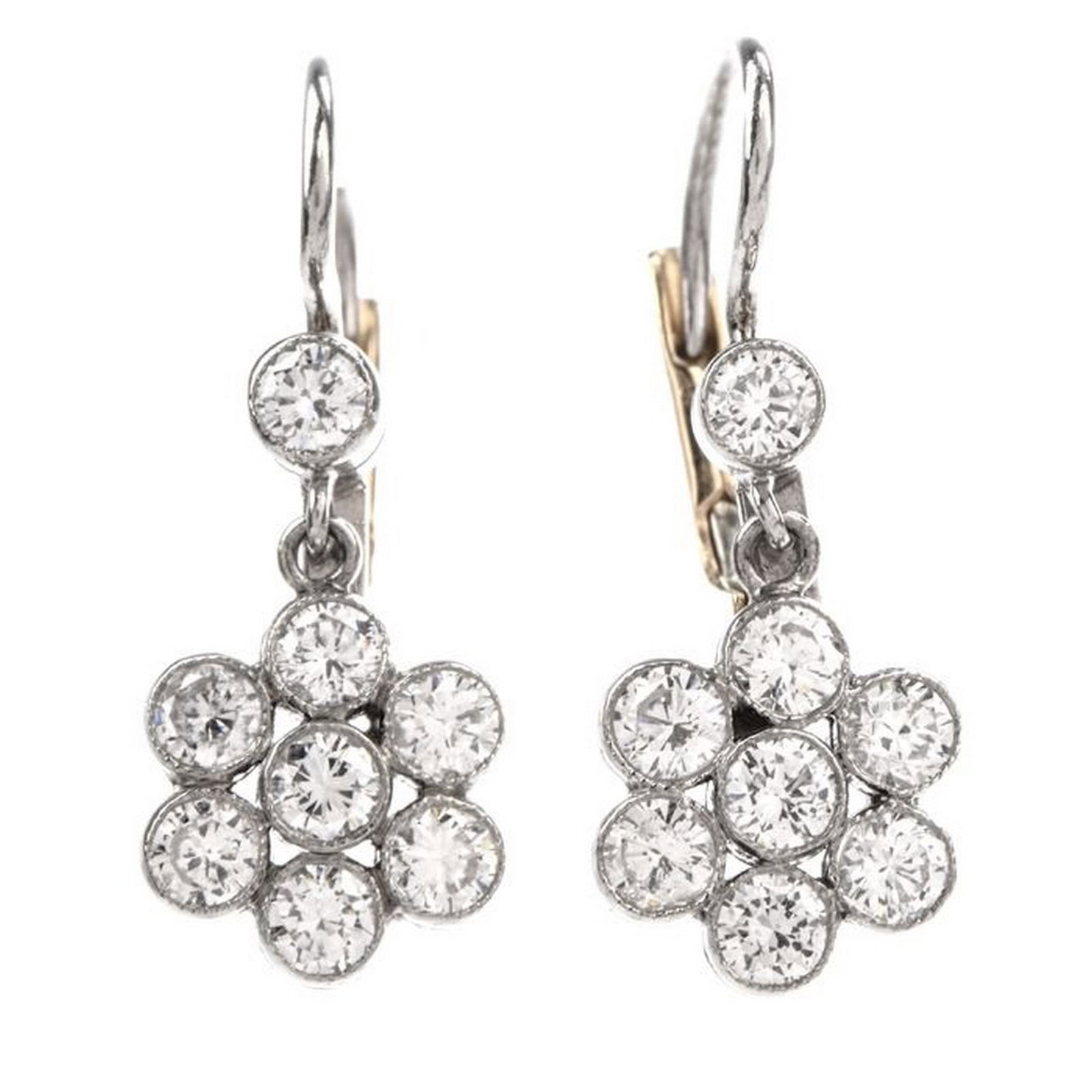 Estate Diamond Dangling Platinum Gold Flower Motif Euro Earrings (1 of 4)