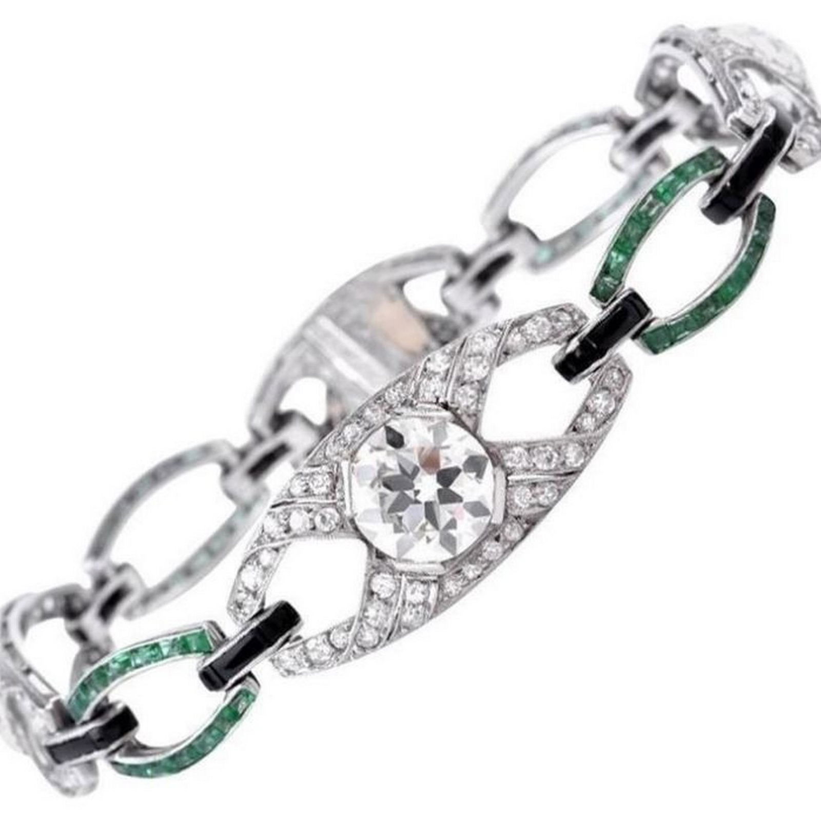 ANTIQUE ART DECO DIAMOND EMERALD ONYX PLATINUM LINK BRACELET: The first diamond is an old round European approx. 3.05cts I, color, VS1 clarity. The second diamond is a round old European, approx. 1.73cts I color, VS1 clarity. Finally, the third diamond is a roun